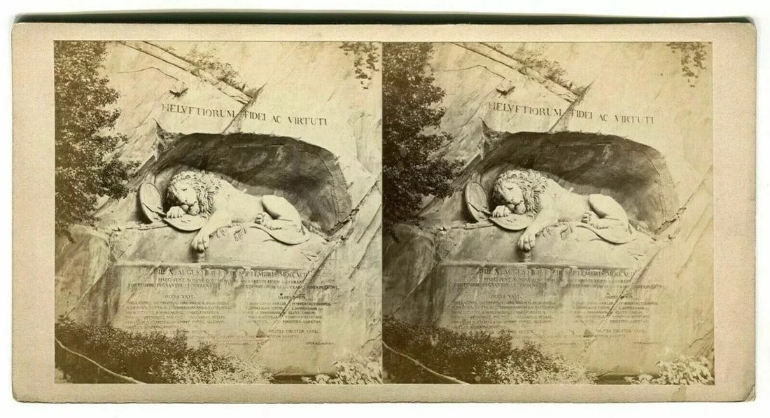 ADOLPHE BRAUN Lion Monument in Lucerne, Albumen Vintage Stereoview 1870 - 9