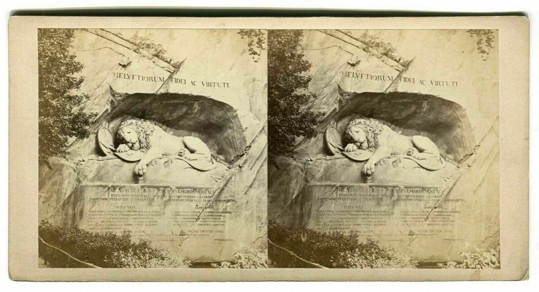ADOLPHE BRAUN Lion Monument in Lucerne, Albumen Vintage Stereoview 1870: Stereoview ADOLPHE BRAUN Lion Monument in Lucerne, Albumen c.1870 Description: Albumen prints stick on stereo board 8,5 x 17,5 cm Reserve: $40.00 Shipping: Domestic: Flat-rate of $19.00 to a