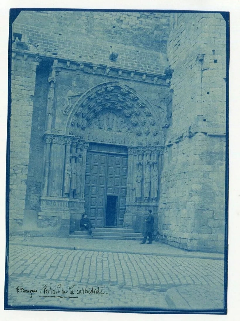 Vintage Photography Cyanotype 19th Landscape, Etampes Cathedral Portal - 4