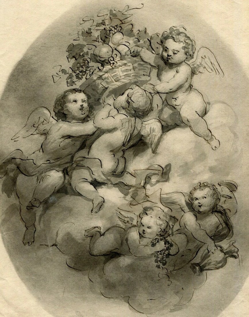 Antique Etching Angels in the Sky with Fruits after Fragonnard?