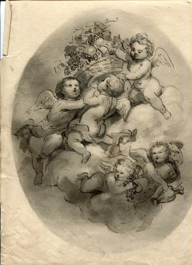 Antique Etching Angels in the Sky with Fruits after Fragonnard? - 2