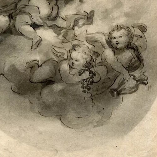 Antique Etching Angels in the Sky with Fruits after Fragonnard? - 3