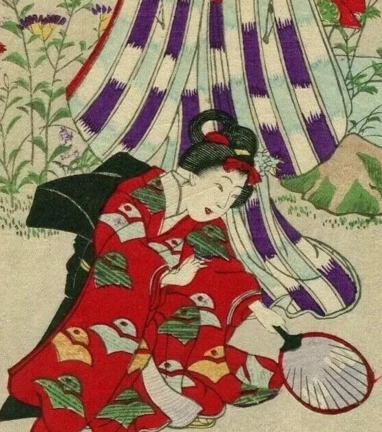 Antique Japanese Woodprint Volcano, Women, Geisha, Landscape Art Print Ukiyo-e - 2