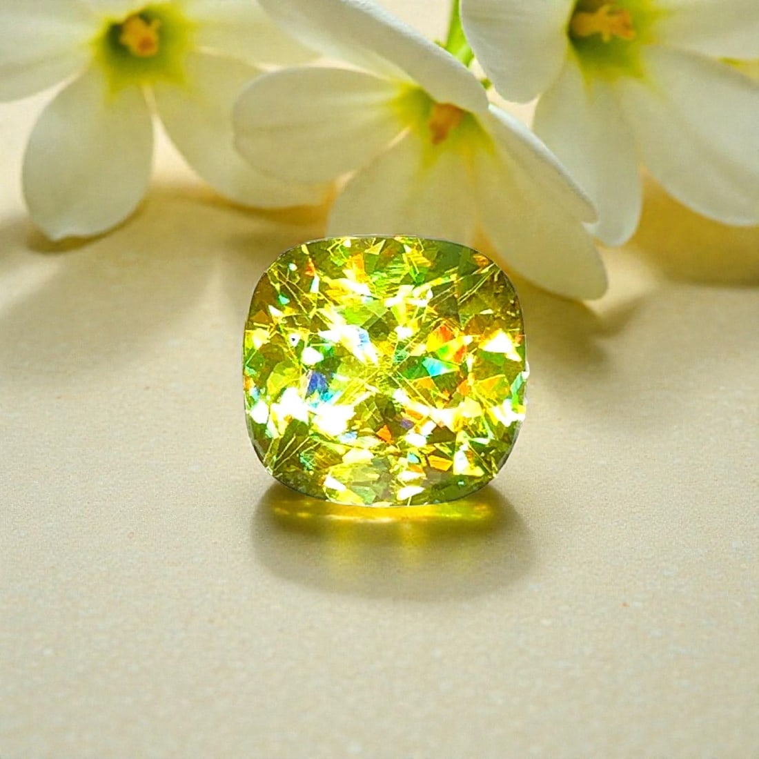 Full Fire Sphene Ring Stone, Apple Greenish Yellow Sphene Gemstone: Full Fire Sphene Ring Stone, Apple Greenish Yellow Sphene Gemstone For Jewelry Weight (CT) : 2.80 Measurements(MM) : 8.17 x 7.8 x 5.3 Shape : Cushion Color : Apple Green (color change) Treatment : Non