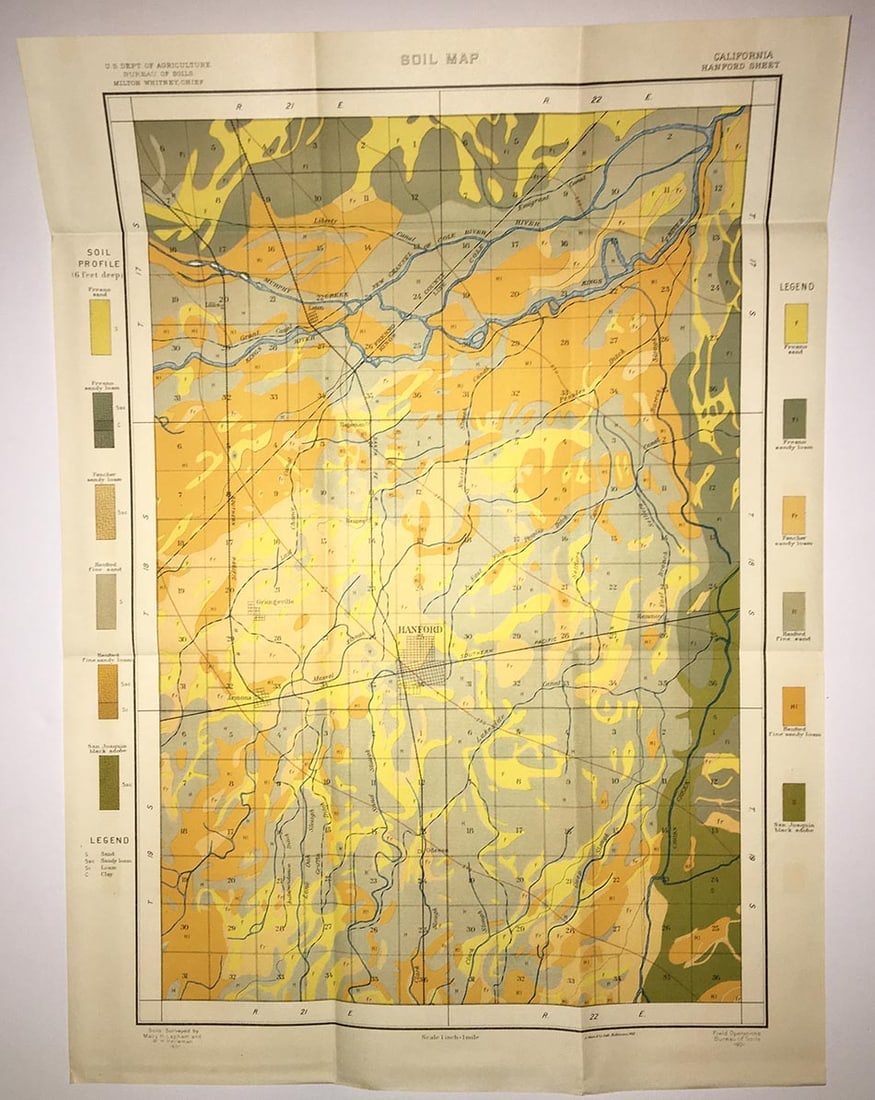 Soil Map California Hanford Sheet: Publication Date:1901 Title:Soil Map California Hanford Sheet,li>Cartographer:LAPHAM, MACY H./W.H. HEILEMAN Publisher:U.S. DEPT. OF AGRICULTURE. BUREAU OF SOILS Brief Description:Handsomely lithograph