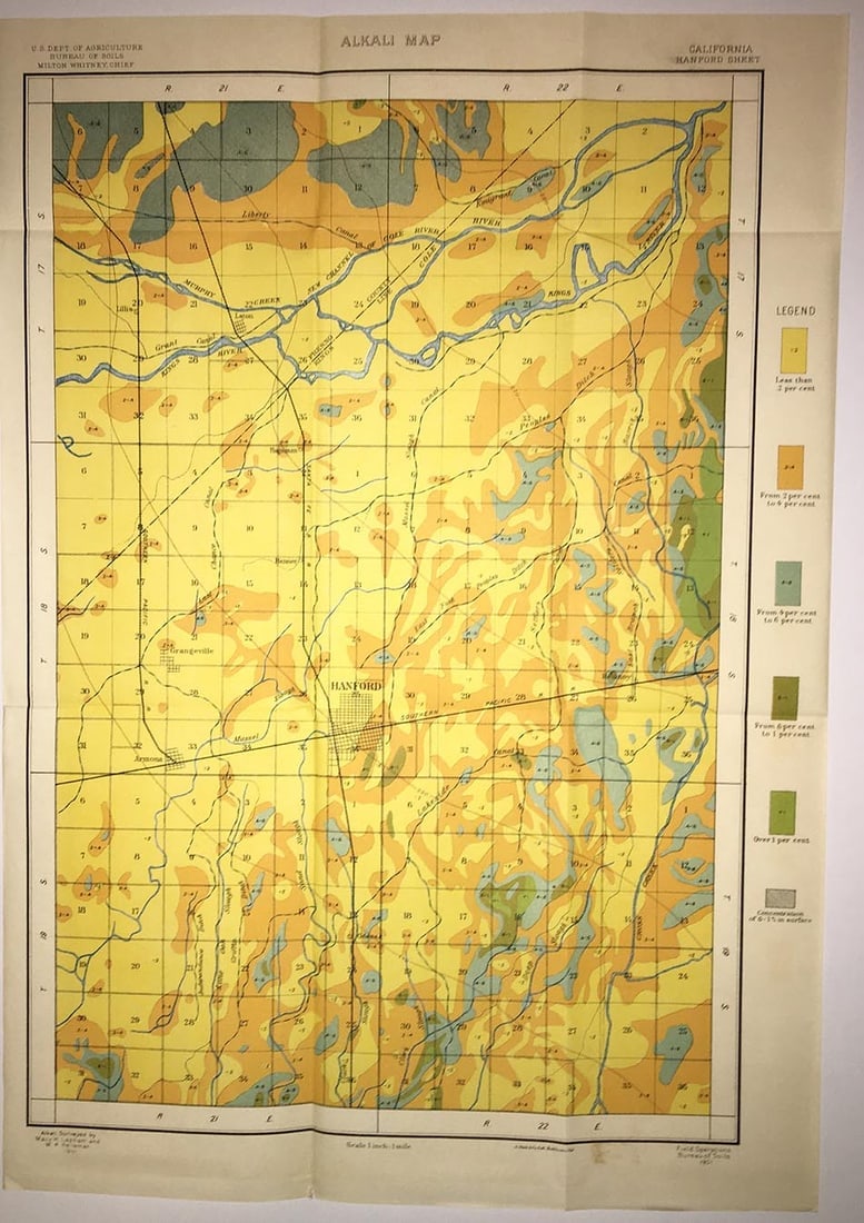 Alkali Map California Hanford Sheet: Publication Date:1901 Title:Alkali Map California Hanford Sheet,li>Cartographer:LAPHAM, MACY H./W.H. HEILEMAN Publisher:U.S. DEPT. OF AGRICULTURE. BUREAU OF SOILS Brief Description:Handsomely lithogra