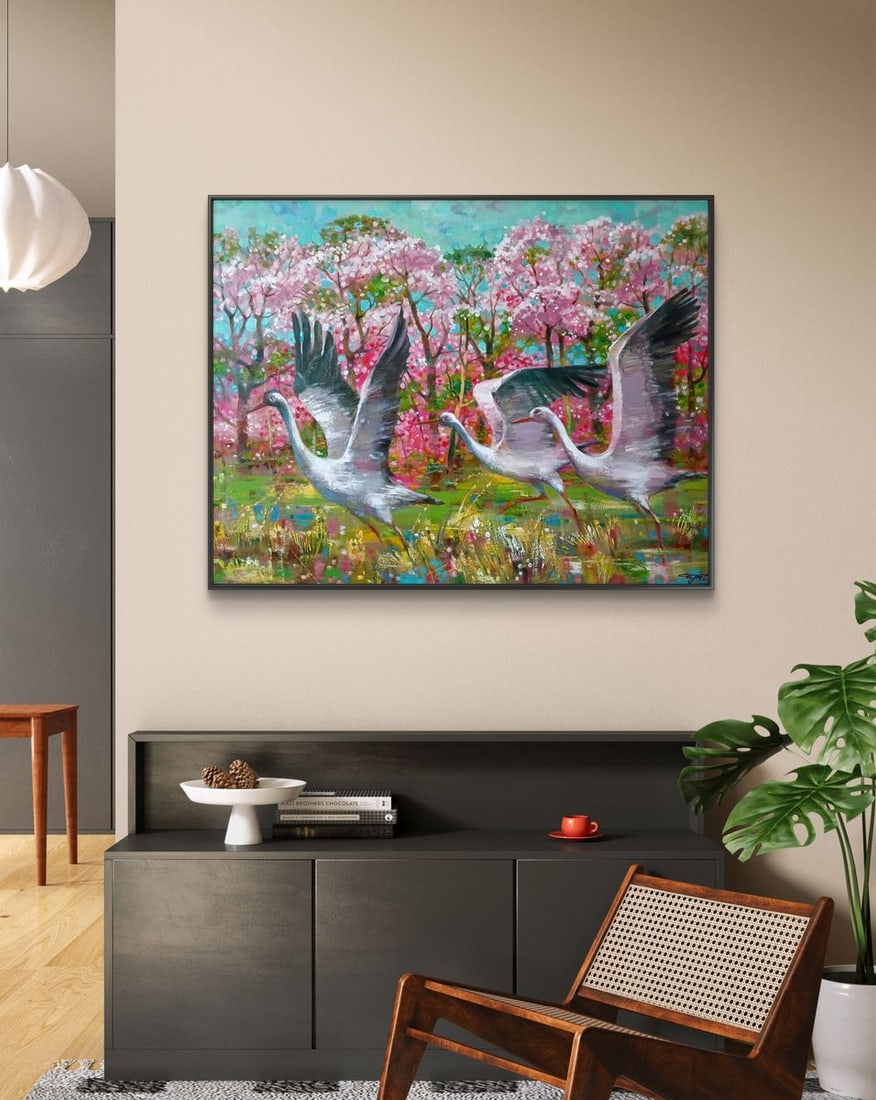 Oil painting Storks on a flower meadow Anatoly Tarabanov - 2