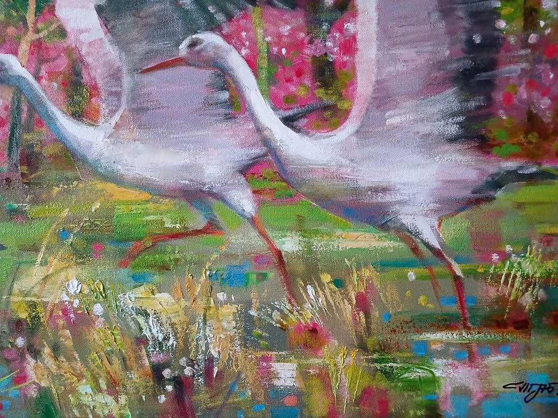 Oil painting Storks on a flower meadow Anatoly Tarabanov - 7