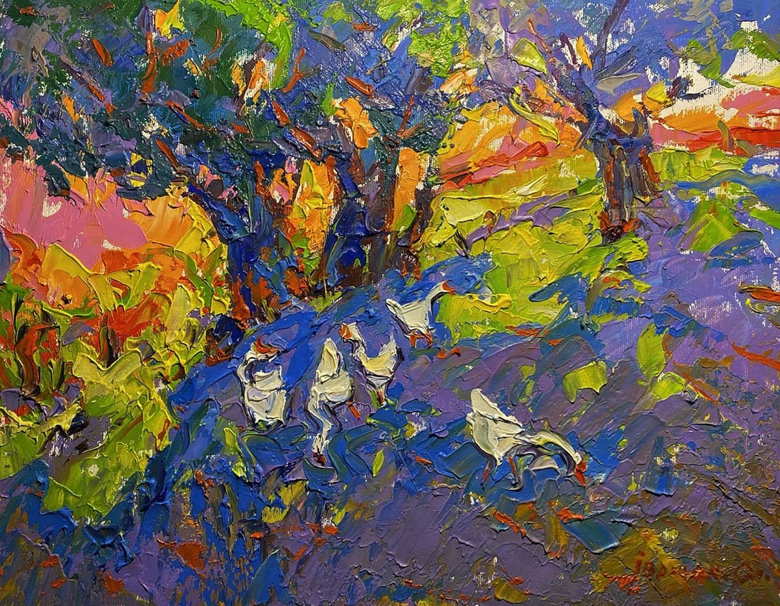 Oil painting Geese in the shade of a willow Alex Kalenyuk: Title: Oil painting Geese in the shade of a willow Alex Kalenyuk Description: NoKalen 1494The oil painting on canvas titled "Geese in the Shade of a Willow" is a vibrant and expressive depiction of