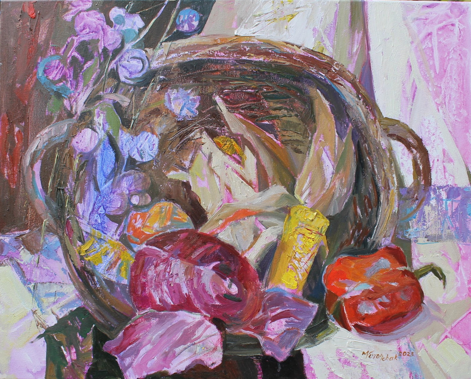 Oil acrylic painting Still life with a basket Maria Voloschak