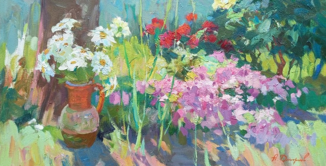 Oil painting In front garden Alex Ditriev: Title: Oil painting In front garden Alex Ditriev Description: 19AD Painter: Alex Ditriev S?ze: 50x95 cm/19.6x37.4 inches Components: oil, canvas Original painting from our collection ERA: 2020 Short i