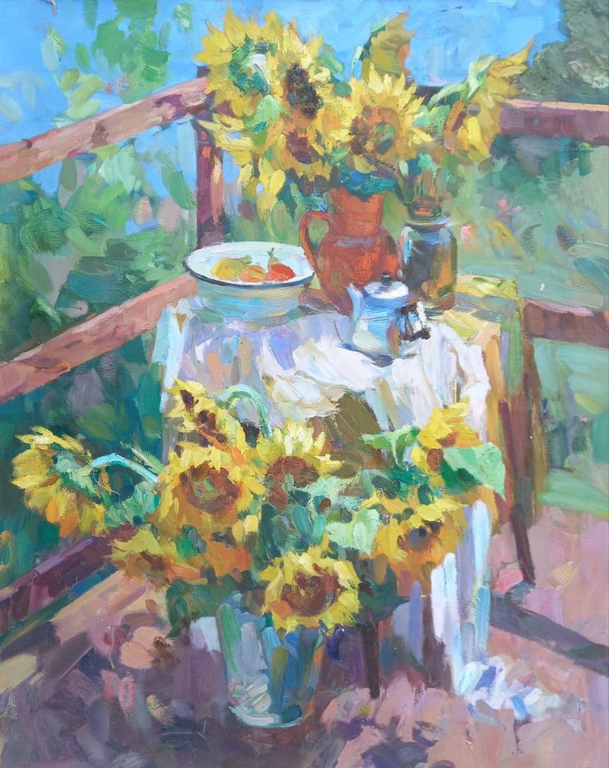 Oil painting Sunflowers on the porch Alex Ditriev: Title: Oil painting Sunflowers on the porch Alex Ditriev Description: 353AD Painter: Alex Ditriev S?ze: 100x80 cm/ 39.4x31.5 inches Components: oil, canvas Original painting from our collection ERA: S