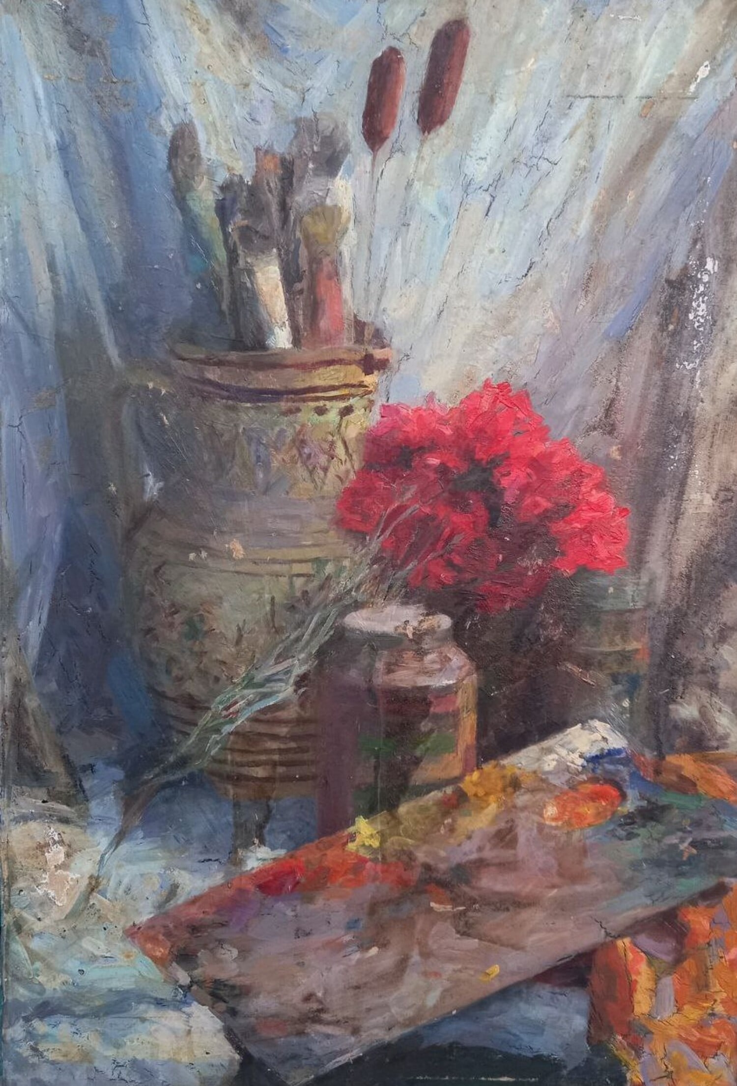 Oil painting Still life with palette Alex Ditriev: Title: Oil painting Still life with palette Alex Ditriev Description: 458AD Painter: Alex Ditriev S?ze: 56x38 cm/ 22.05x14.96 inches Components: oil, cardboard Original painting from our collection ER