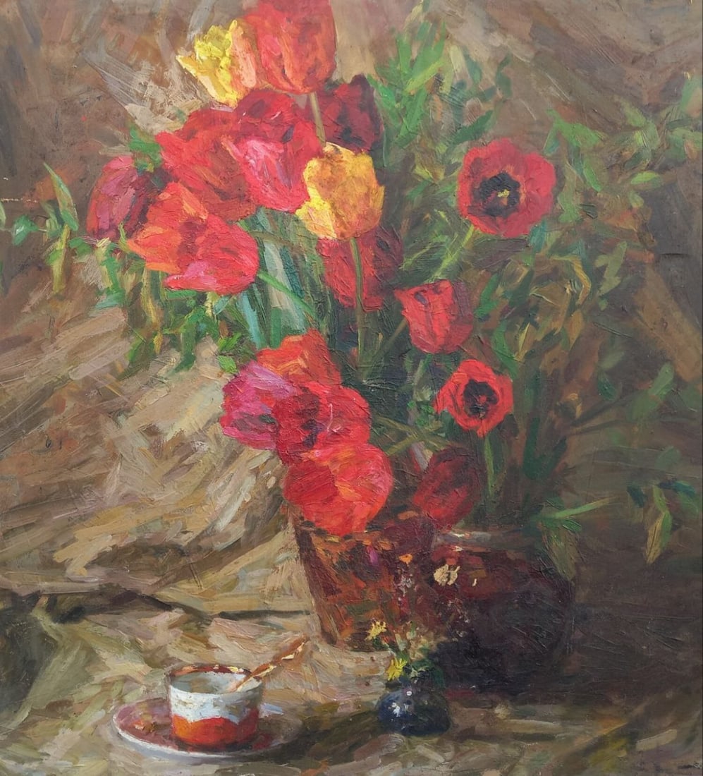 Oil painting Tulips Alex Ditriev: Title: Oil painting Tulips Alex Ditriev Description: 502AD Painter: Alex Ditriev S?ze:63x59 cm/ 24.80x23.23 inches Components: oil, cardboard Original painting from our collection ERA: Short informati