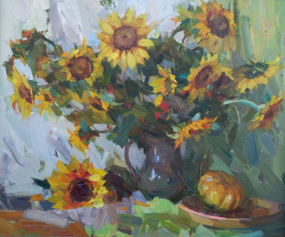 Oil painting Sunflowers Alex Ditriev: Title: Oil painting Sunflowers Alex Ditriev Description: 503AD Painter: Alex Ditriev S?ze:60x72 cm/ 23.62x28.34 inches Components: oil, canvas Original painting from our collection ERA: Short informat
