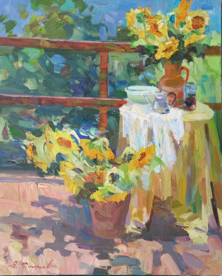 Oil painting Sunflowers Alex Ditriev: Title: Oil painting Sunflowers Alex Ditriev Description: 546AD Painter: Alex Ditriev S?ze:85x70 cm/ 33.46x27.56 inches Components: oil, canvas Original painting from our collection ERA: 2017 Short inf