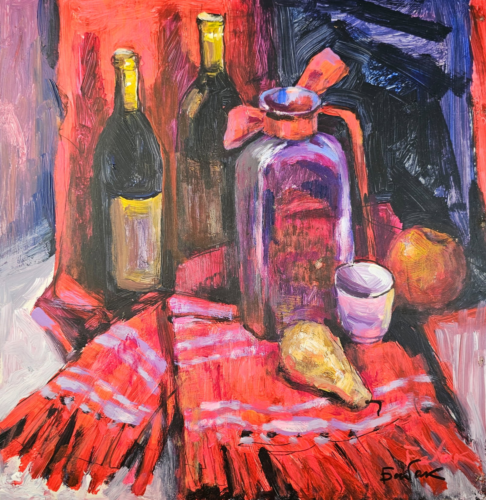 Acrylic painting still life in red Vyacheslav Petrovich Babac: Title: Acrylic painting still life in red Vyacheslav Petrovich Babac Description: 416BA Painter: Vyacheslav Petrovick Babac S?ze: 41x40 cm/ 16.14x15.74 inches Components: Acrylic, cardboard Original p