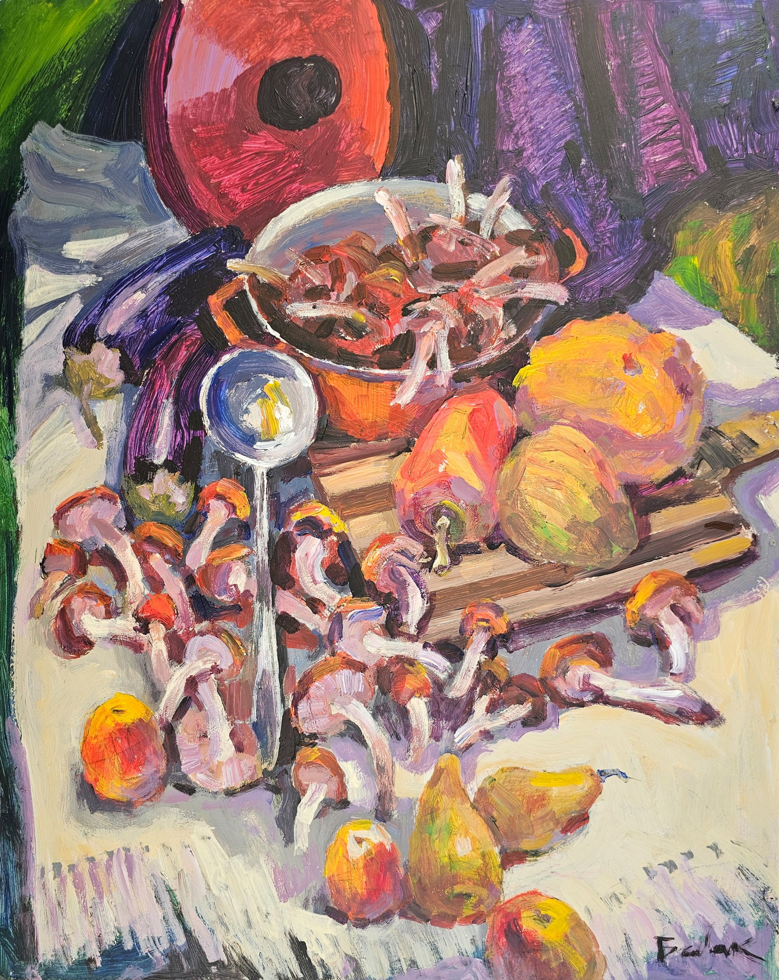 Acrylic painting red pot with mushrooms Vyacheslav Petrovich Babac: Title: Acrylic painting red pot with mushrooms Vyacheslav Petrovich Babac Description: 431BA Painter: Vyacheslav Petrovick Babac S?ze: 53x43 cm/ 20.86x16.92 inches Components: Acrylic, fiberboard Orig