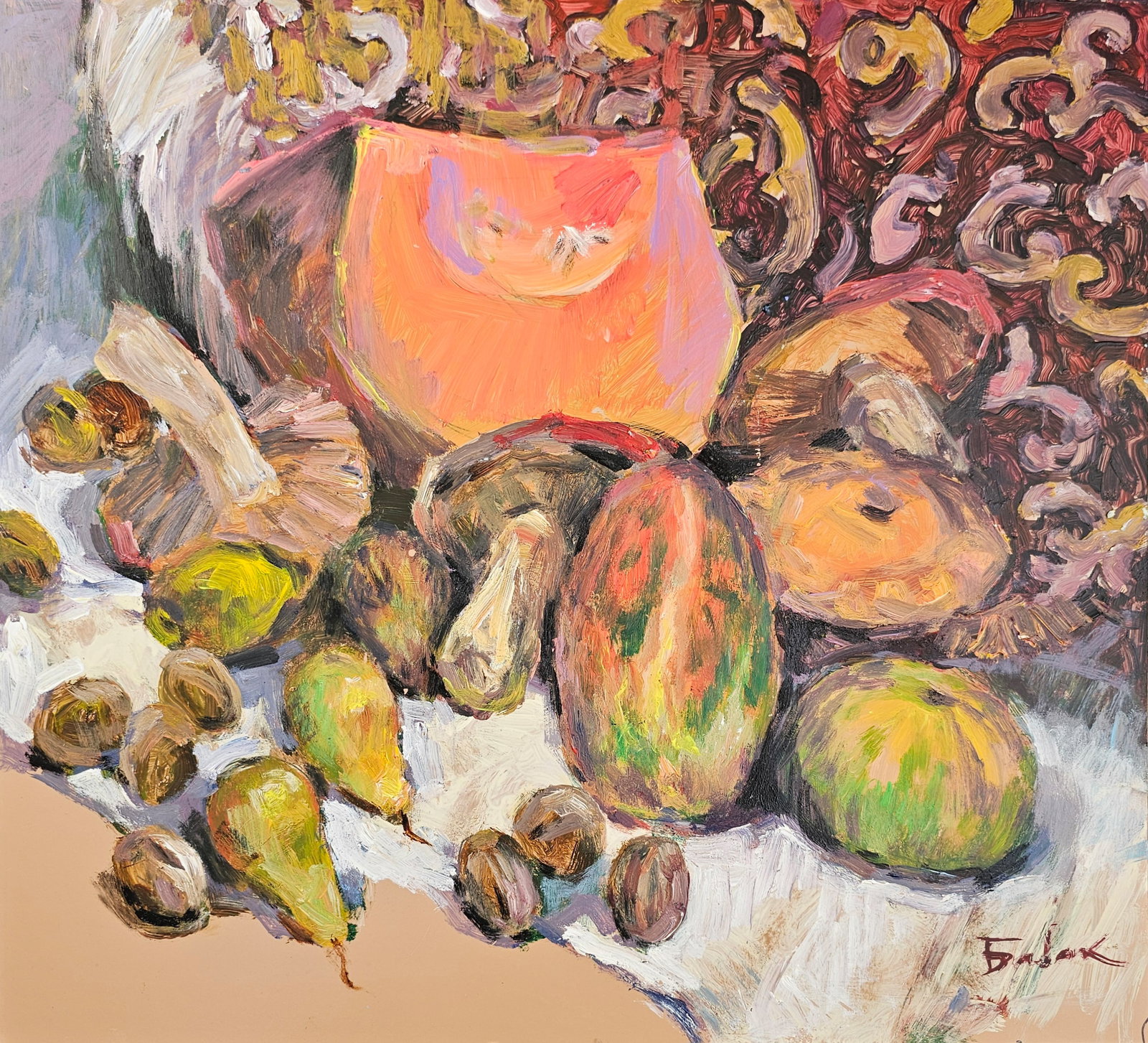 Acrylic painting Autumn still life Vyacheslav Petrovich Babac: Title: Acrylic painting Autumn still life Vyacheslav Petrovich Babac Description: 433BA Painter: Vyacheslav Petrovick Babac S?ze: 50x50 cm/ 19.68x19.68 inches Components: Acrylic, fiberboard Original 