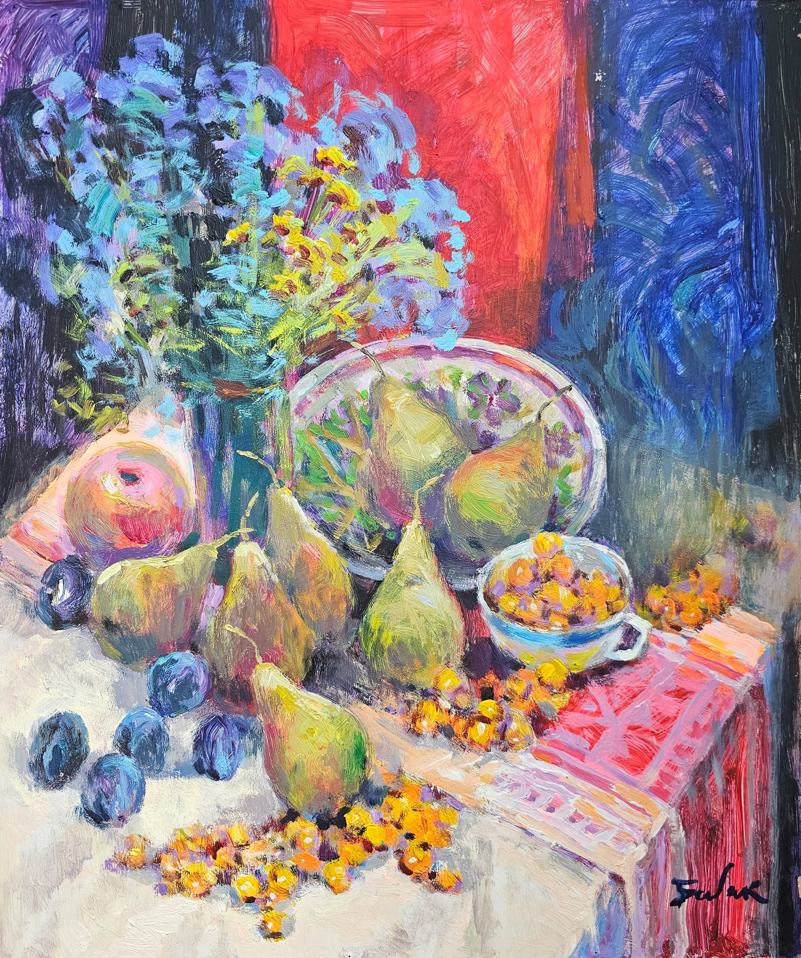 Acrylic painting still life with pears Vyacheslav Petrovich Babac: Title: Acrylic painting still life with pears Vyacheslav Petrovich Babac Description: 434BA Painter: Vyacheslav Petrovick Babac S?ze: 60x50 cm/ 23.62x19.68 inches Components: Acrylic, cardboard Origin