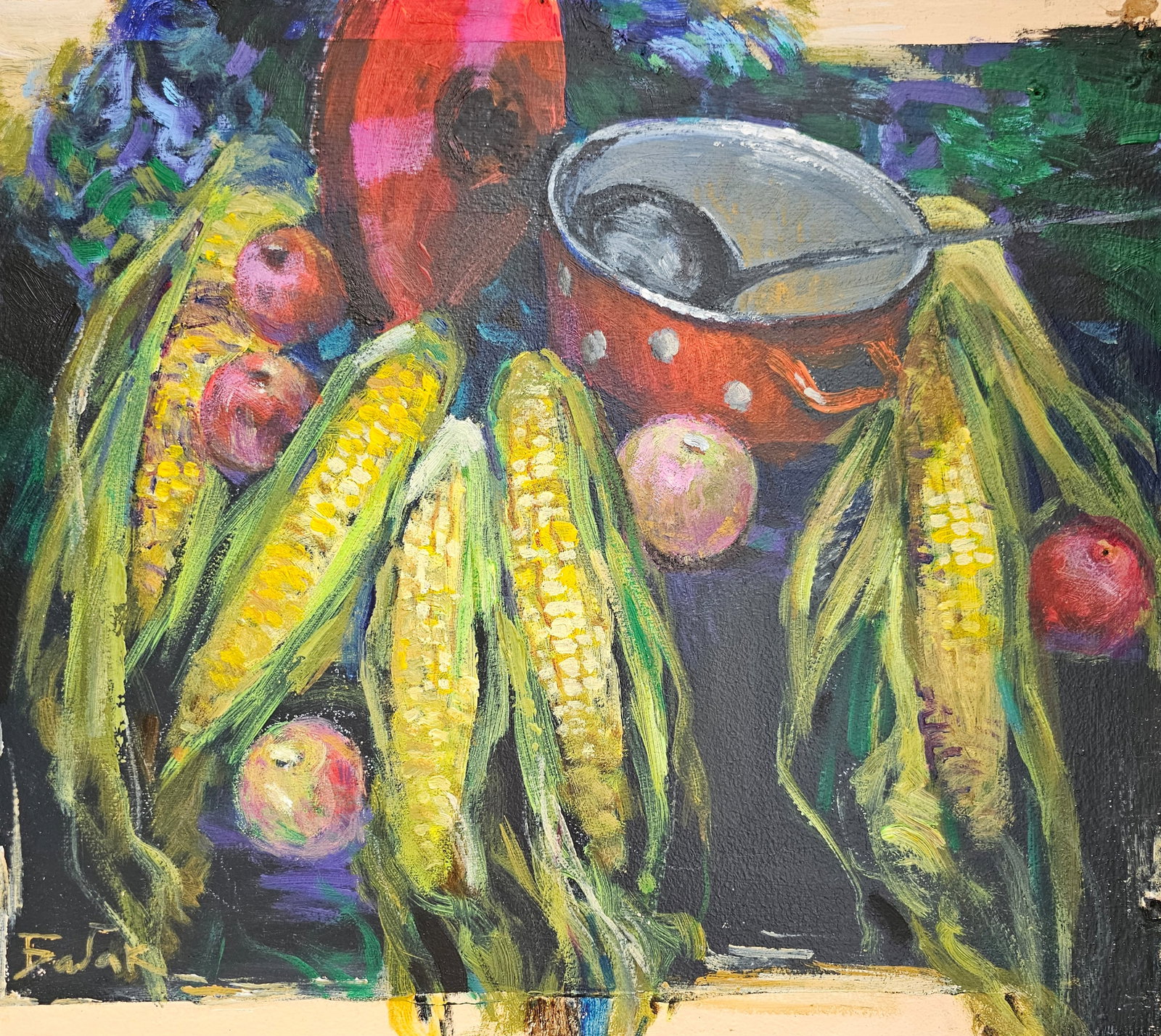 Acrylic painting still life with corn Vyacheslav Petrovich Babac: Title: Acrylic painting still life with corn Vyacheslav Petrovich Babac Description: 439BA Painter: Vyacheslav Petrovick Babac S?ze: 44x50 cm/ 17.32x19.68 inches Components: Acrylic, cardboard Origina