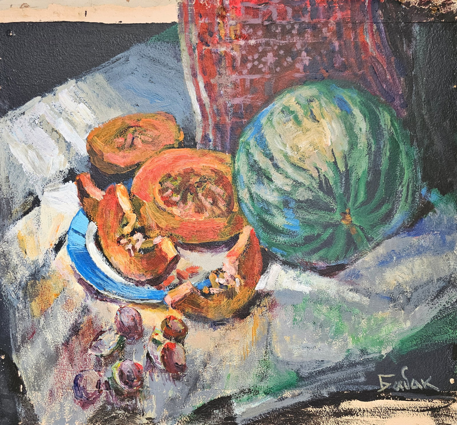 Acrylic painting autumn still life Vyacheslav Petrovich Babac: Title: Acrylic painting autumn still life Vyacheslav Petrovich Babac Description: 440BA Painter: Vyacheslav Petrovick Babac S?ze: 45x49 cm/ 17.71x19.29 inches Components: Acrylic, cardboard Original p
