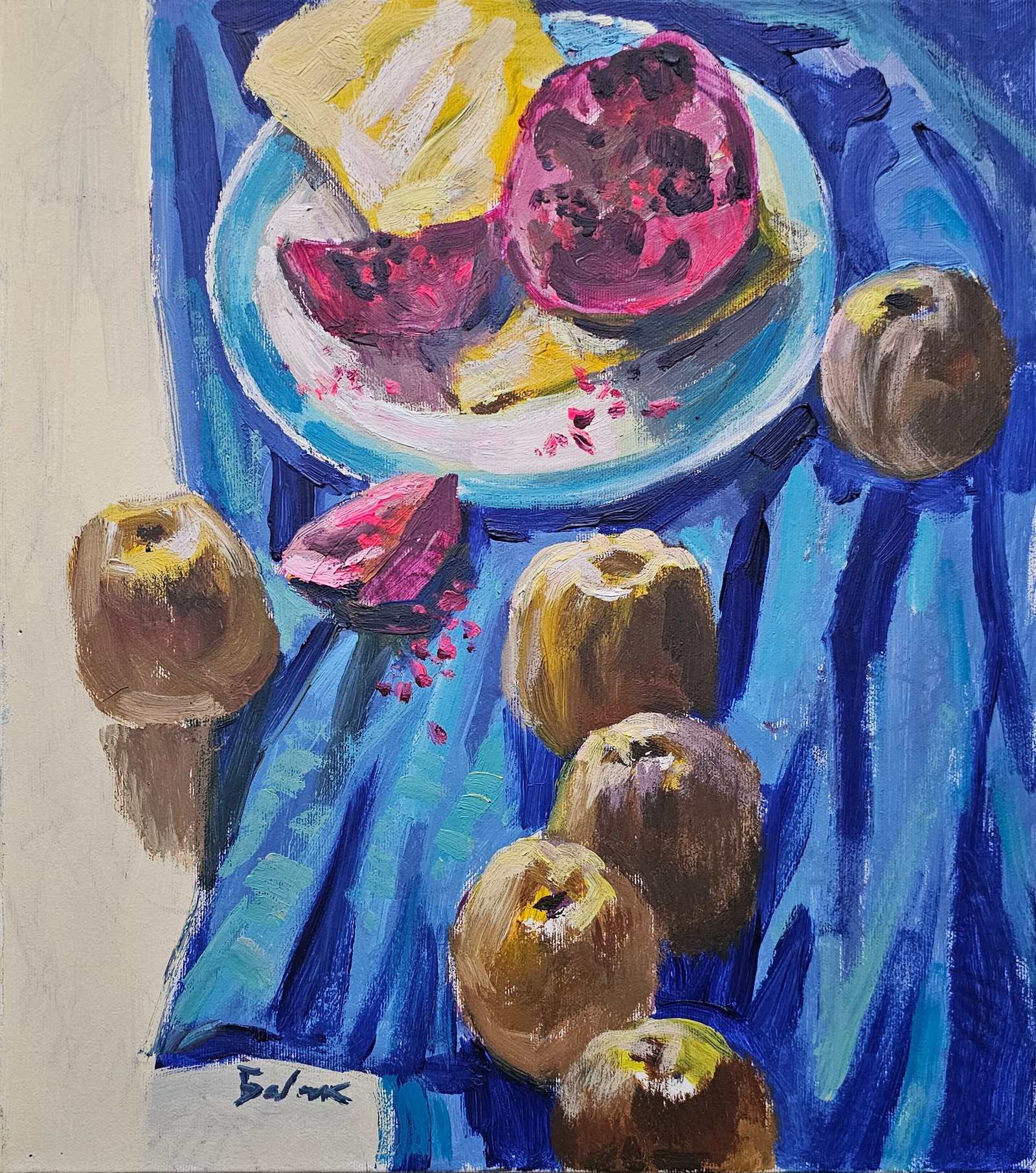 Acrylic painting still life with a pomegranate Vyacheslav Petrovich Babac: Title: Acrylic painting still life with a pomegranate Vyacheslav Petrovich Babac Description: 469BA Painter: Vyacheslav Petrovick Babac S?ze: 45x40 cm/ 17.71x15.74 inches Components: Acrylic, canvas O