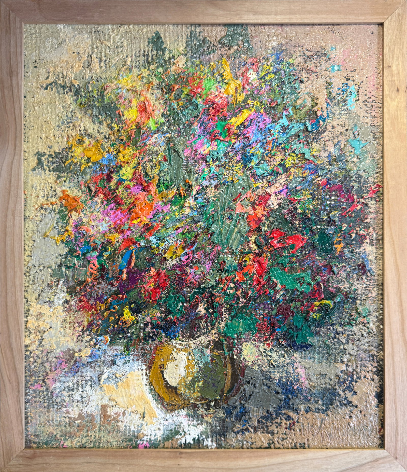 Oil painting with frame Flowers K. Leonid: Title: Oil painting with frame Flowers K. Leonid Description: 131KK Painter: K. Leonid S?ze: 40x34 cm/ 15.74x13.38 inches Components: oil, canvas, fiberboard Original painting CONDITION: exellent ERA: