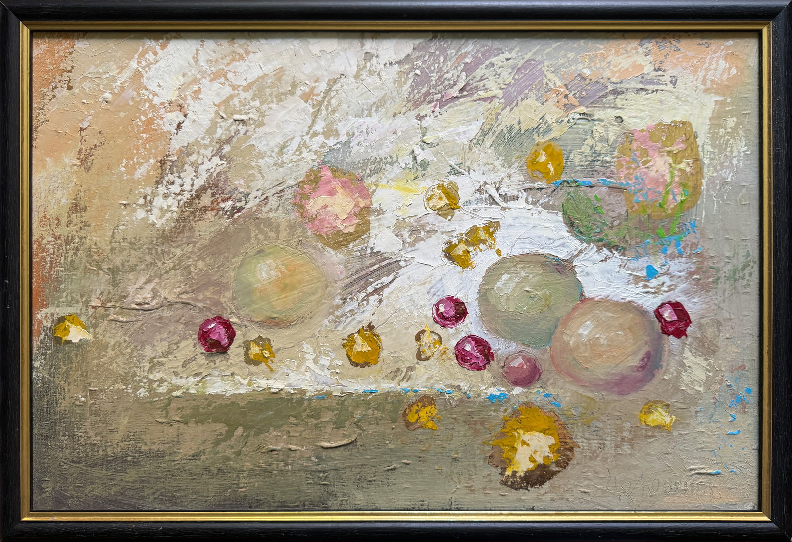 Abstract Oil painting with frame still life K. Leonid: Title: Abstract Oil painting with frame still life K. Leonid Description: 891KK Painter: K. Leonid S?ze: 39x59 cm/ 15.35x23.22 inches Components: oil, acrylic, canvas, fiberboard Original painting CON