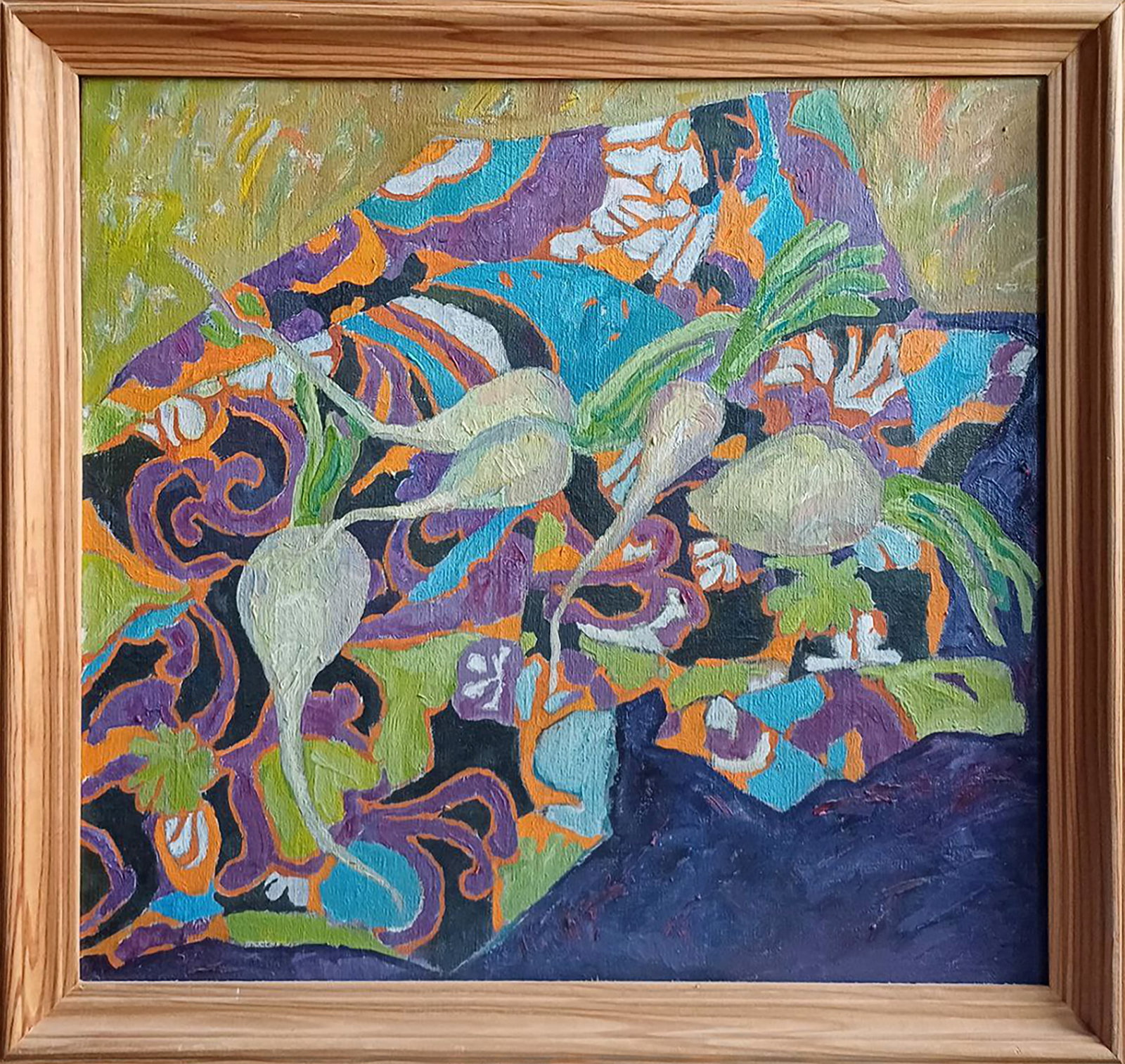 Oil painting Radish Tatyana Shulyak: Title: Oil painting Radish Tatyana Shulyak Description: 66SHUL Painter: Tatyana Shulyak Size: 42.5x46 cm/16.73x18.11 inches Components: oil, canvas Original painting CONDITION: excellent ARTIST: Tatya