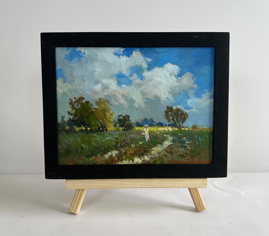 Oil painting A girl walking in the field Yuriy Suprunchuk: Title: Oil painting A girl walking in the field Yuriy Suprunchuk Description: No.AAA4295The painting "A Girl Walking in the Field" captures a serene moment of rural life, where nature and human presen
