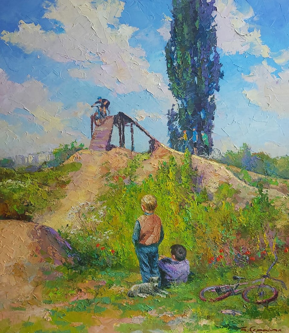 Oil painting Freeride Boris Serdyuk: Title: Oil painting Freeride Boris Serdyuk Description: No.SERB 1107The painting titled "Freeride" portrays a lively and nostalgic scene of childhood adventure and exploration. Set against a bright su
