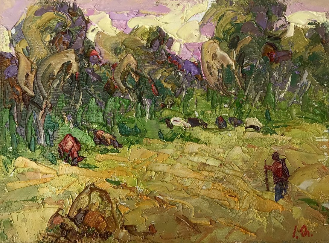 Oil painting For dinner Alex Kalenyuk: Title: Oil painting For dinner Alex Kalenyuk Description: No.AAA3210The oil painting titled "For Dinner" is a vivid and textured portrayal of rural life, capturing the warmth and activity of preparati