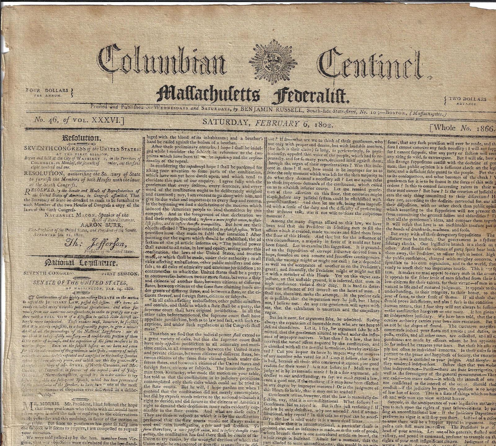1802 Federalist Newspaper Supreme Court Thomas Jefferson - 2