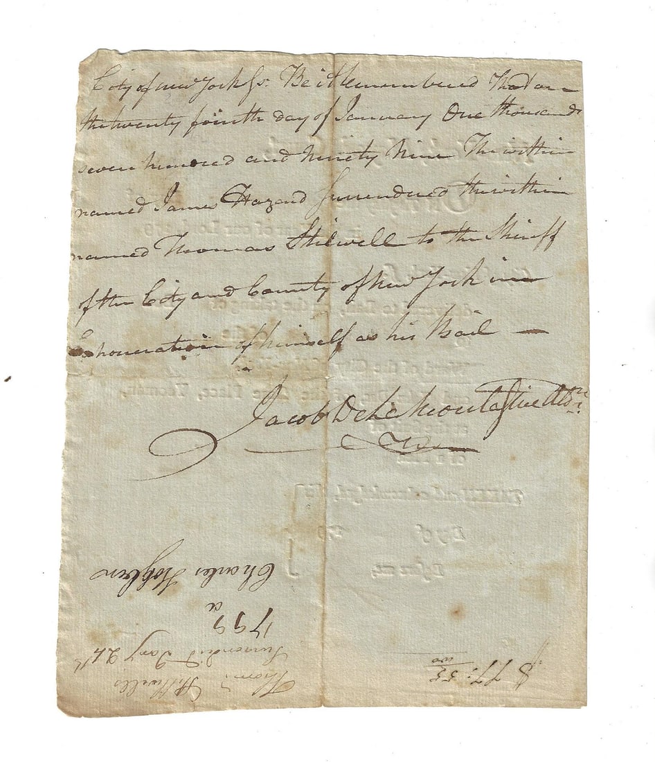 1798 New York Bail Notice Mayors Court Signed - 2