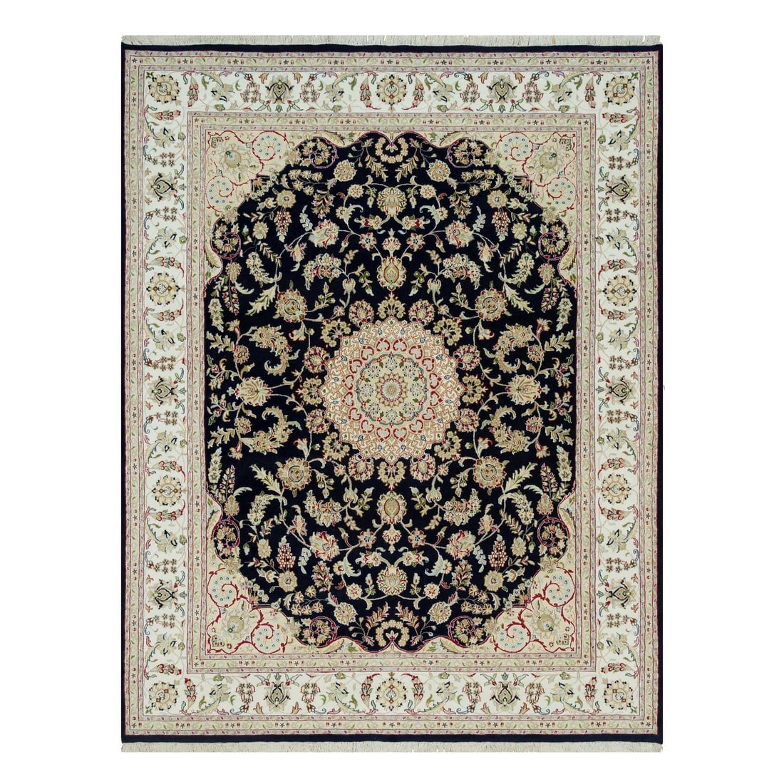 Night Sky Blue, Hand Knotted, Nain with Center Medallion Flower Design: Title: Night Sky Blue, Hand Knotted, Nain with Center Medallion Flower Design Description:This is a truly genuine one-of-a-kind. It has been Knotted for months and months in the centuries-old weaving 