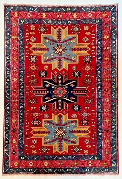 Hand Knotted Karabagh Tribal Wool Red Caucasian Oriental Rug 4'4" x 7" - 8