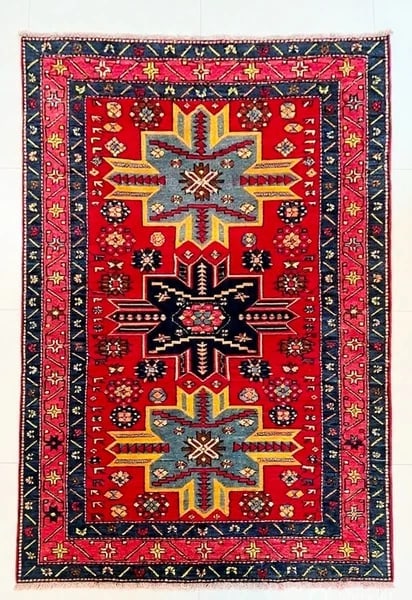 Hand Knotted Karabagh Tribal Wool Red Caucasian Oriental Rug 4'4" x 7" - 9