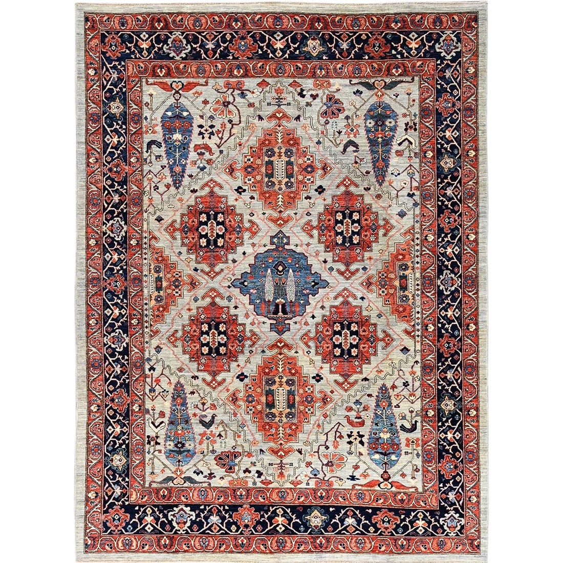 Misty Gray Qashqai Design with Cypress Trees Hand Knotted All Wool Rug: Title: Misty Gray Qashqai Design with Cypress Trees Hand Knotted All Wool Rug Description:This is a truly genuine one-of-a-kind. It has been Knotted for months and months in the centuries-old weaving 