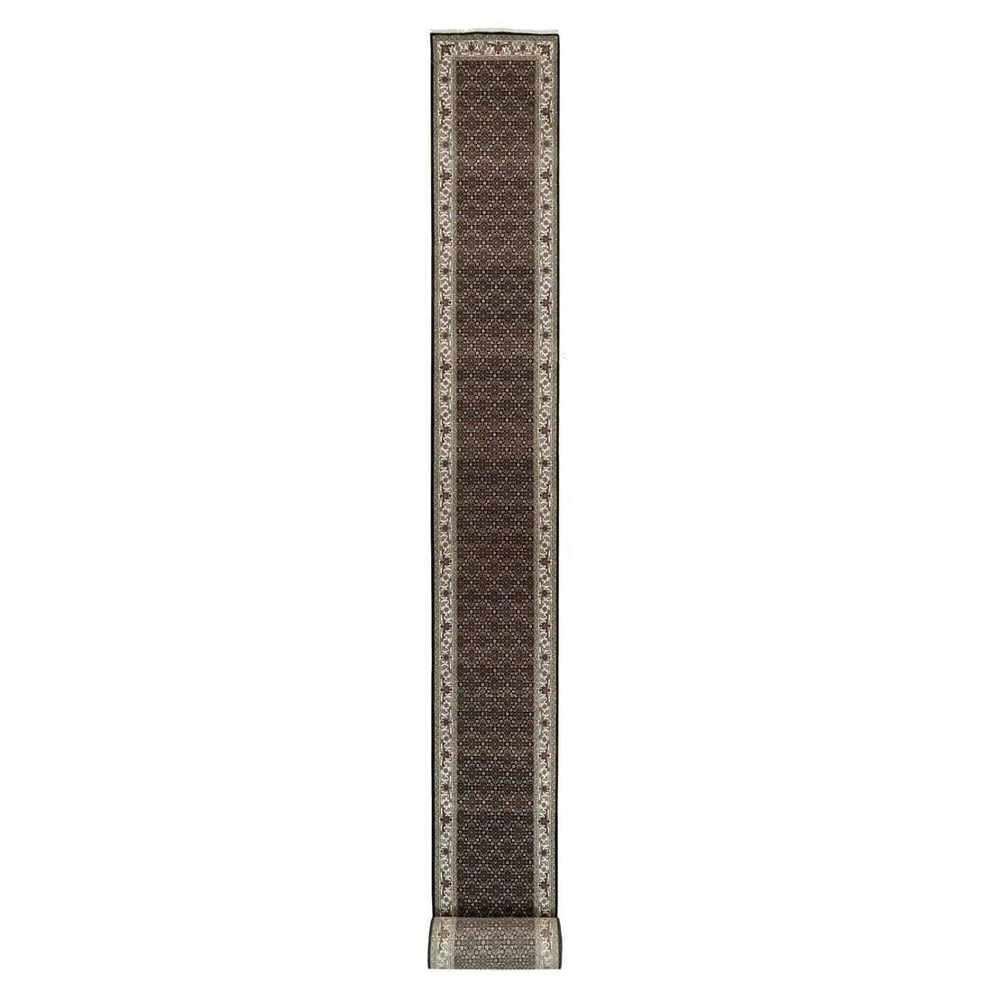 Tricorn Black Tebraz Mahi Hand Knotted 175 KPSI XL Runner Wool Rug: Title: Tricorn Black Tebraz Mahi Hand Knotted 175 KPSI XL Runner Wool Rug Description:This is a truly genuine one-of-a-kind. It has been Knotted for months and months in the centuries-old weaving craf