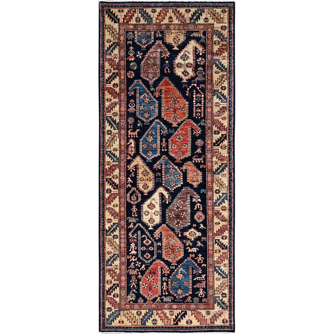 Midnight Blue Large Paisley Design Hand Knotted Soft Wool Runner Rug: Title: Midnight Blue Large Paisley Design Hand Knotted Soft Wool Runner Rug Description:This is a truly genuine one-of-a-kind. It has been Knotted for months and months in the centuries-old weaving cr