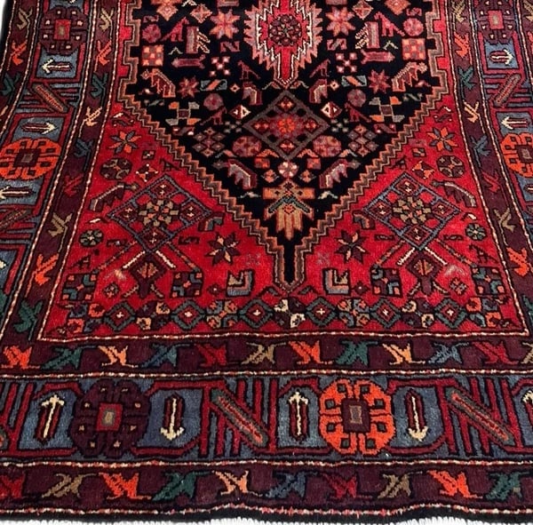 Hand Knotted Wool Persian Zanjan Tribal Oriental Rug 4'11" x 8'8" Navy Red - 17