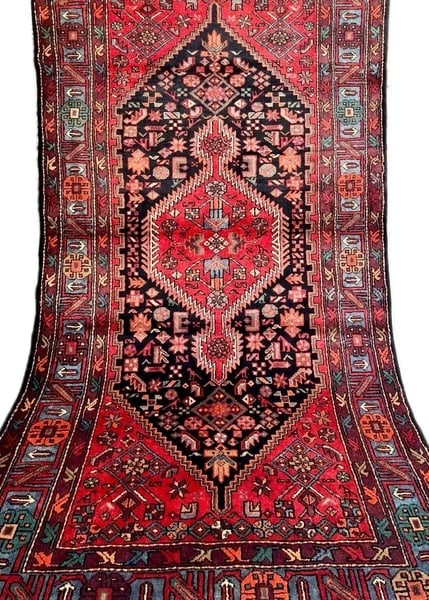 Hand Knotted Wool Persian Zanjan Tribal Oriental Rug 4'11" x 8'8" Navy Red - 6