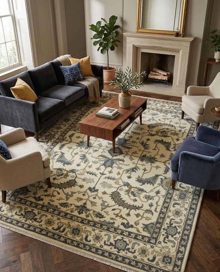 Cream Floral 9X12 Oushak Chobi Oriental Rug - 2