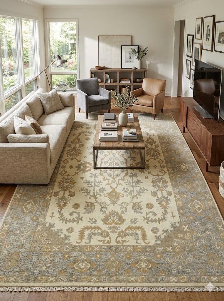 Muted Cream Floral 9X12 Oushak Chobi Oriental Rug - 2