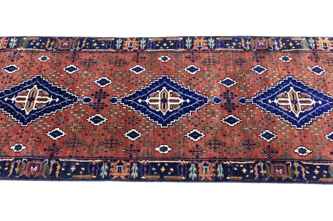Rust & Navy Tribal 3X8 Indo-Joshaghan Oriental Runner Rug - 8