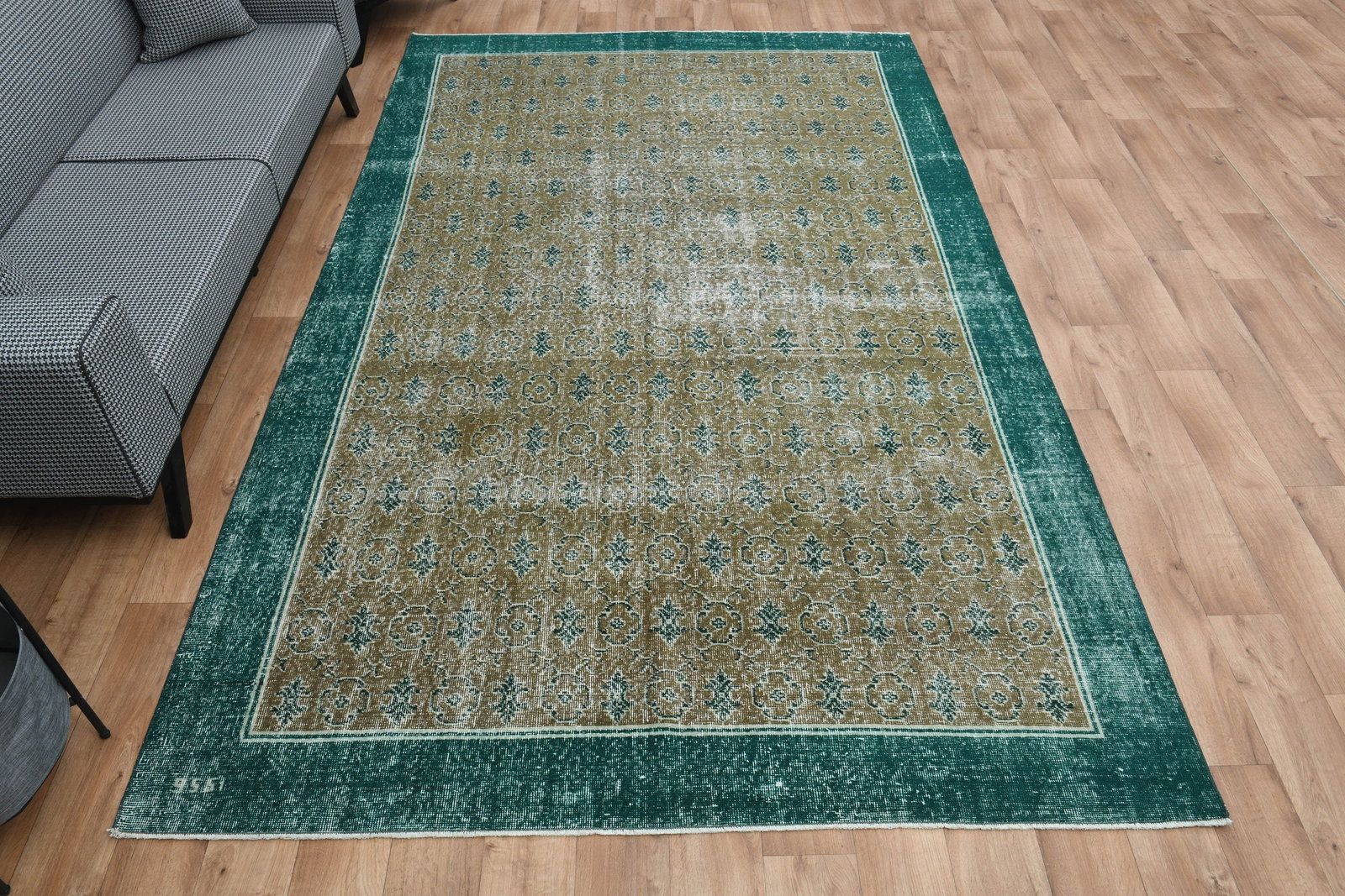 6'7x11.2, GREEN TURKISH RUG: Title: 6'7x11.2, GREEN TURKISH RUG Description: This Turkish one-of-a-kind Vintage Turkish Rug is hand-knotted and handwoven by the most skilled artisans who use pure wool, in muted, natural tones, an