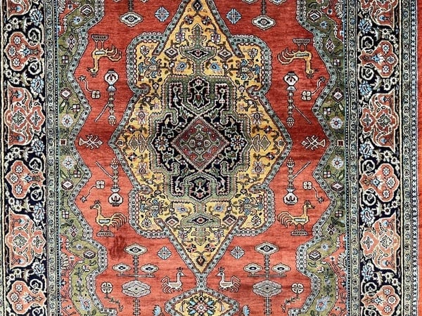Hand-Knotted Persian Qum 100% Silk Birds Rust Geometric Semi-Antique Oriental Area Rug 3'4" x 5'1" - 3
