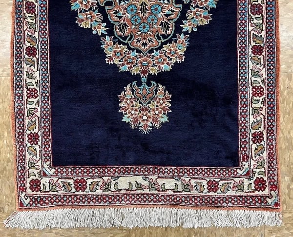 Hand-Knotted Persian Qum Semi-Antique 100% Silk Navy Ivory Rug 1'11" x 3'3" - 3