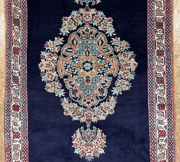 Hand-Knotted Persian Qum Semi-Antique 100% Silk Navy Ivory Rug 1'11" x 3'3" - 4